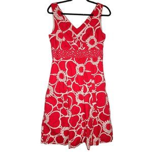 Boden Red and White Floral Sleeveless Midi Dress Size 10